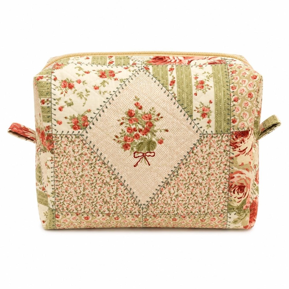 Floral Quilted Makeup Bag Cosmetic Pouch Cottage Style Toiletry Organizer